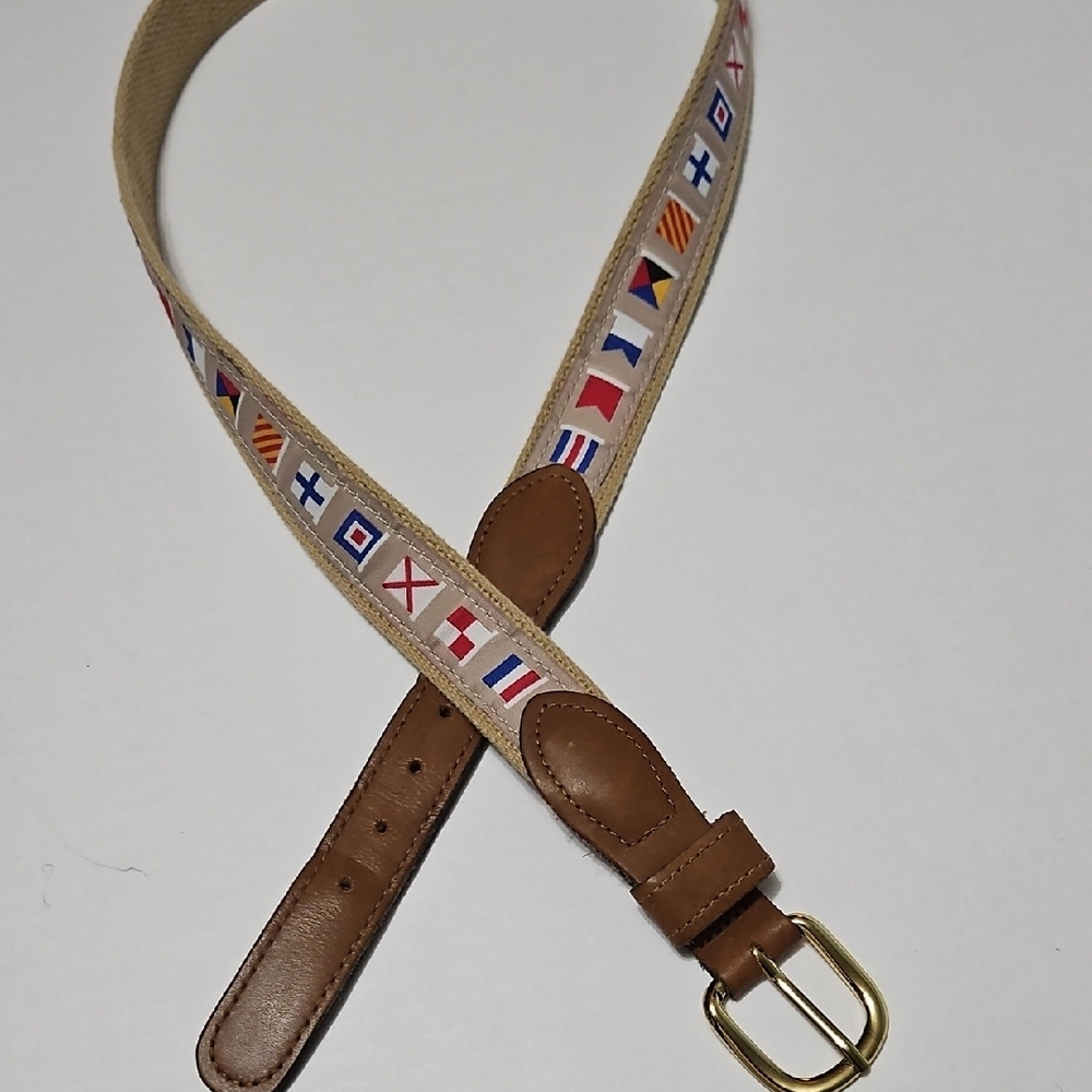 Vintage Nautical Flag Canvas Belt with Brown Leather Adjustable Size 38